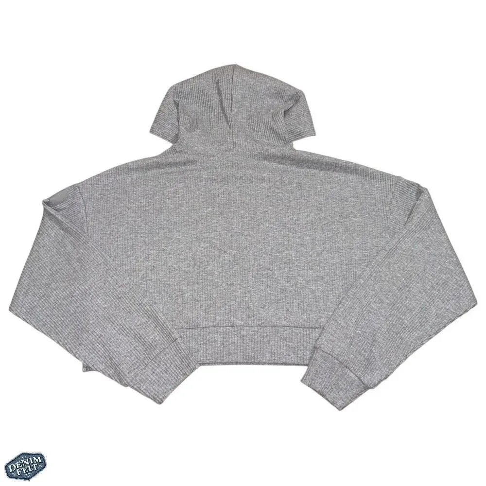 Alo Yoga Muse Hoodie Gray Cropped Ribbed Athleisure Pullover Sweatshirt Gym - Picture 10 of 15